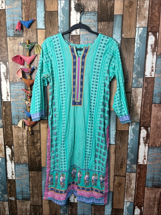 None Dresses & Skirts - Turquoise Printed Long Sleeve Tunic Dress with Contrast Trim